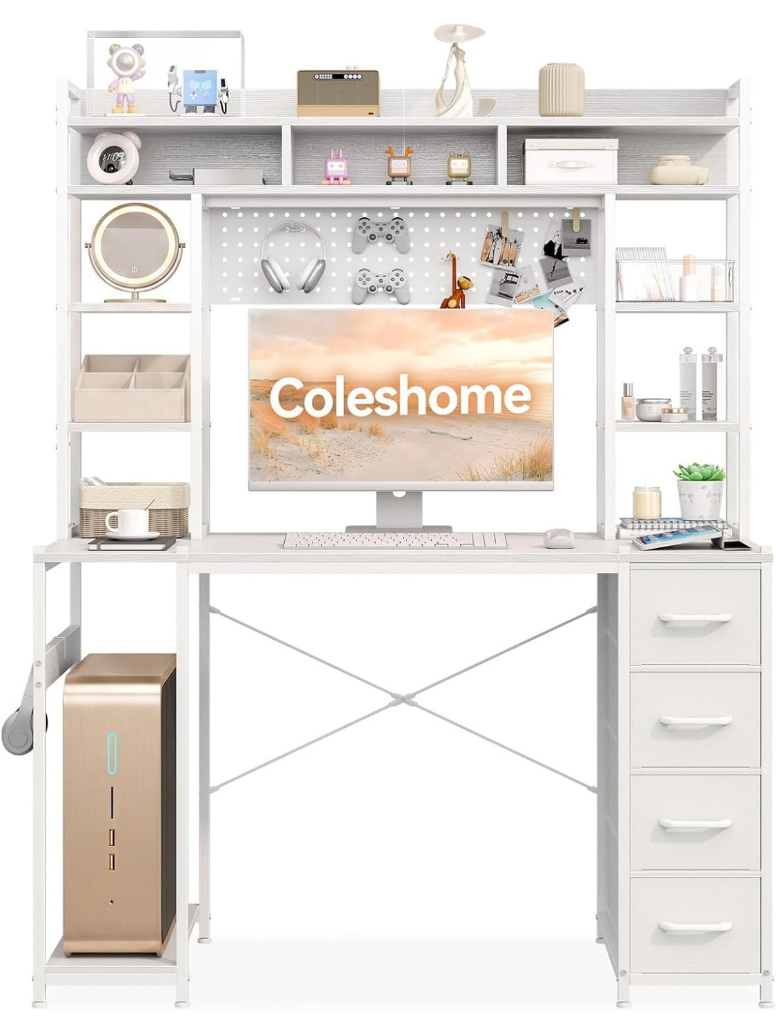 Schreibtisch 120 x 50 cm mit Lochwand und Monitorregal in Weiss fur Gaming und Homeoffice