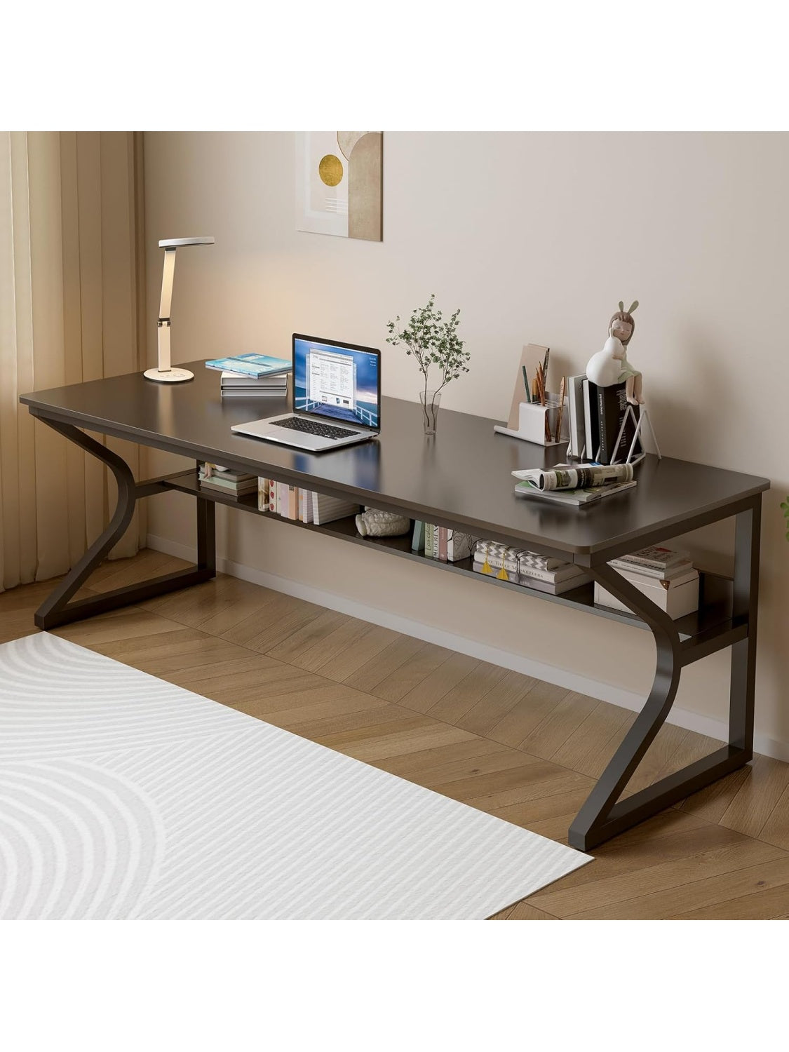 Doppel Schreibtisch 180 cm mit Regal fur zwei Personen als moderner Computer Arbeitsplatz in Schwarz