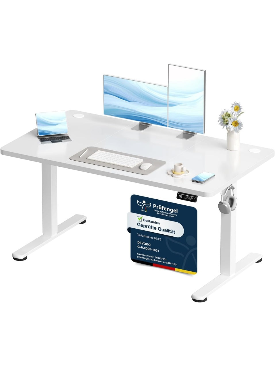 Hohenverstellbarer Computertisch 120 x 60 cm elektrisch mit Memory Funktion in Weiss
