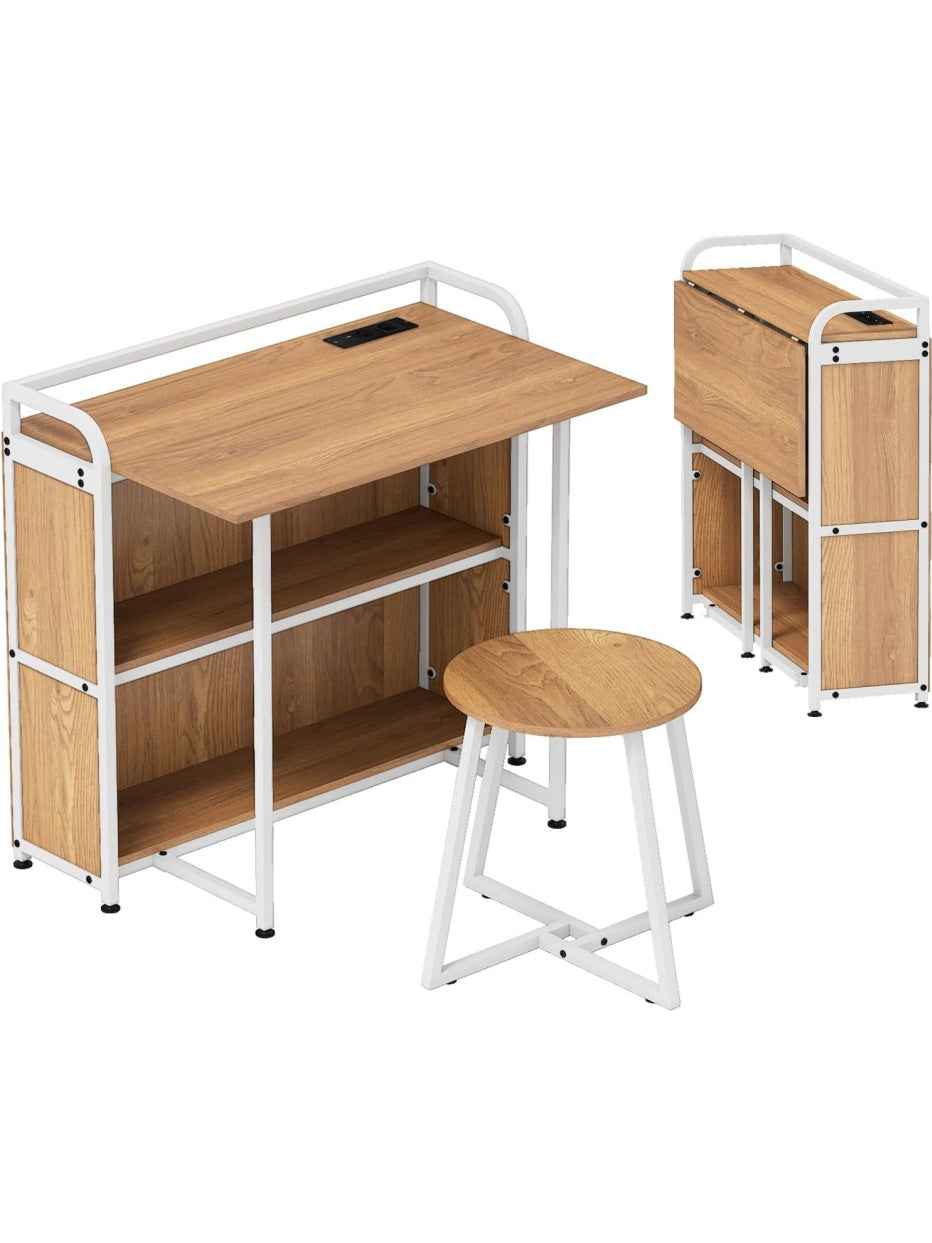 Klappbarer Schreibtisch mit Hocker Ablagen Steckdosen USB und Typ C Anschluss