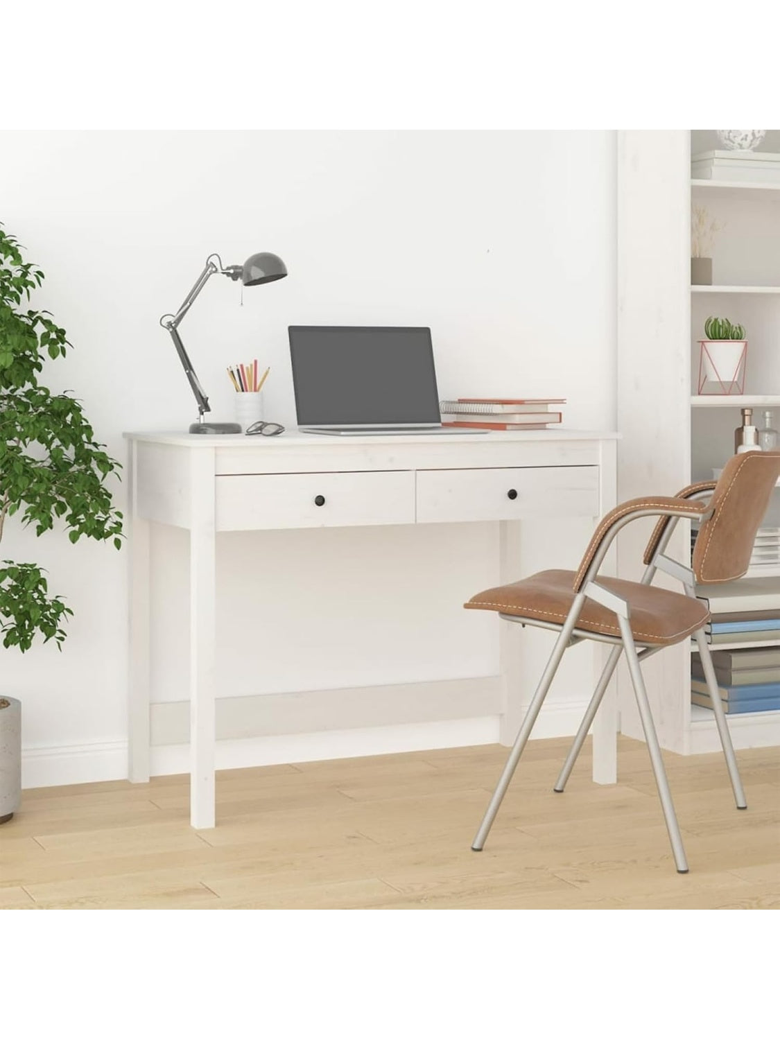 Schreibtisch aus massivem Kiefernholz 100 x 50 x 78 cm mit Schubladen in Weiss fur Laptop und Buro