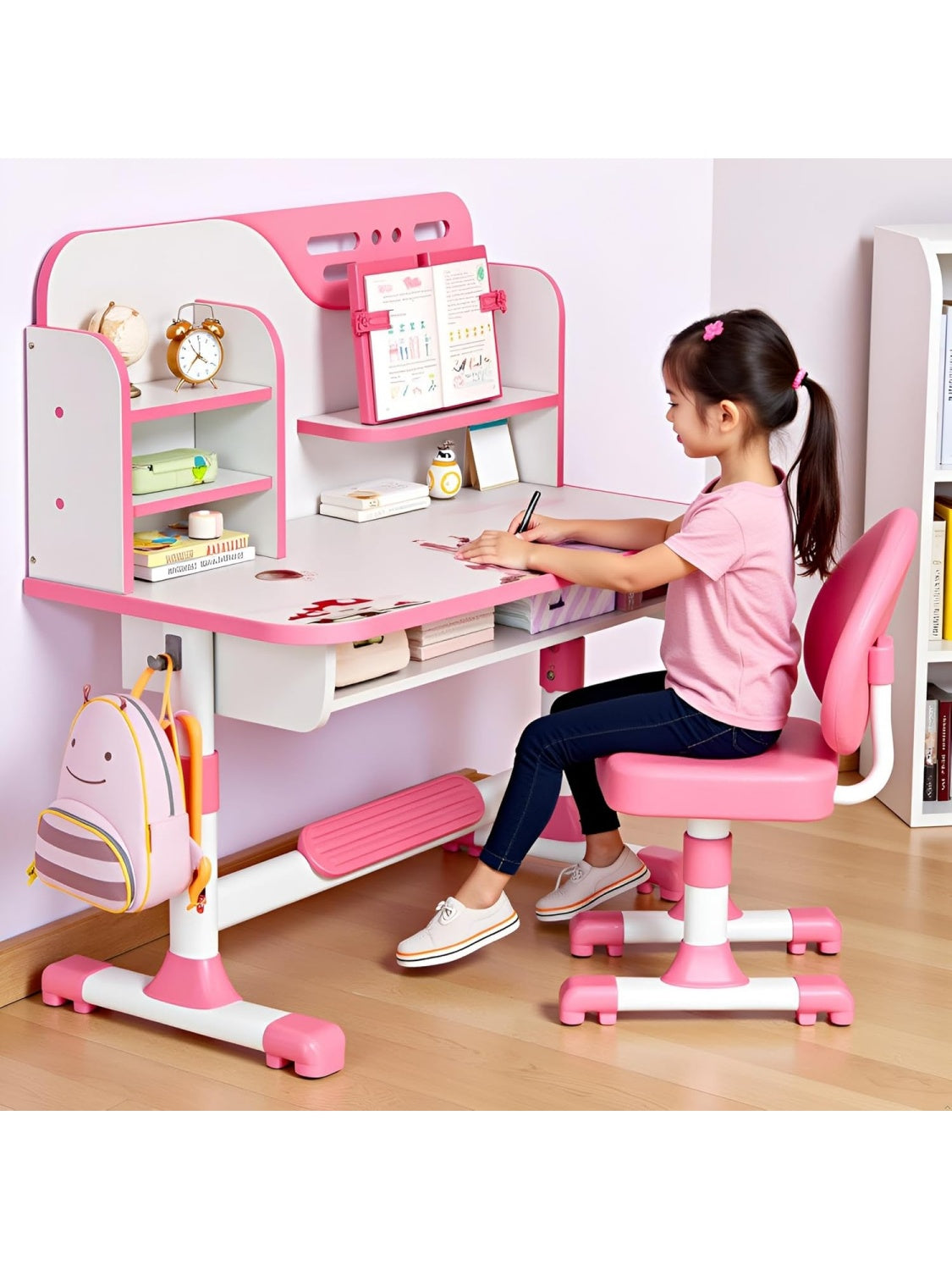 Hohenverstellbarer Kinderschreibtisch mit Bucherregal Schublade und Stuhl in Rosa