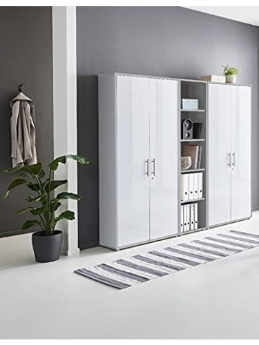 Schrankwand mit Aktenschrank Regal und Stauraum in Hellgrau und Weiss