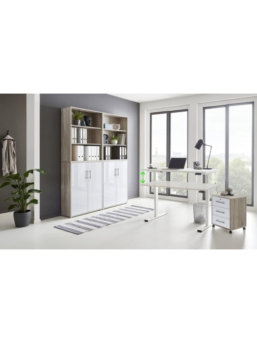 Sitz Steh Schreibtisch mit abschliessbaren Schranken und weissem Gestell fur ergonomisches Arbeiten