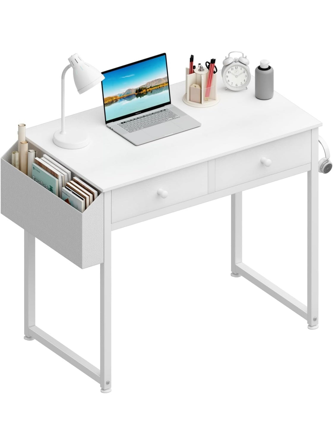Kompakter Schreibtisch 80 x 40 x 79 cm in Weiss mit zwei Schubladen und Stauraum fur Buro und Homeoffice
